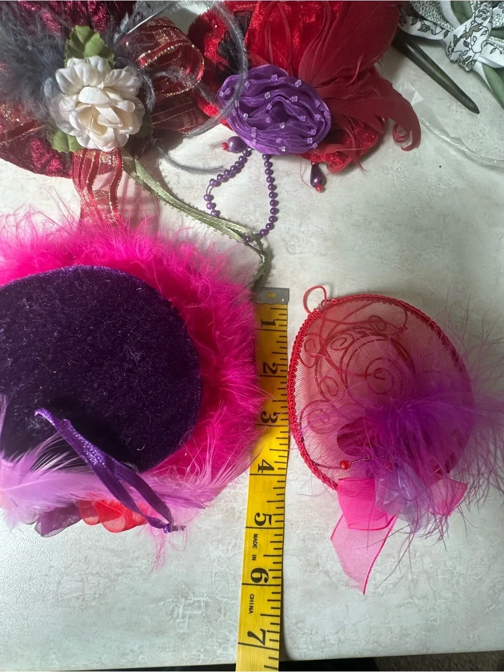Red Hat Society Assorted Feathered Mini Fascinator Ornaments - Pink & Purple